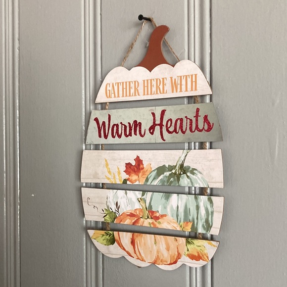 NWT Beautiful Slatted Wood Gather Here With Warm Hearts Glitter Pumpkin Sign - Picture 7 of 9